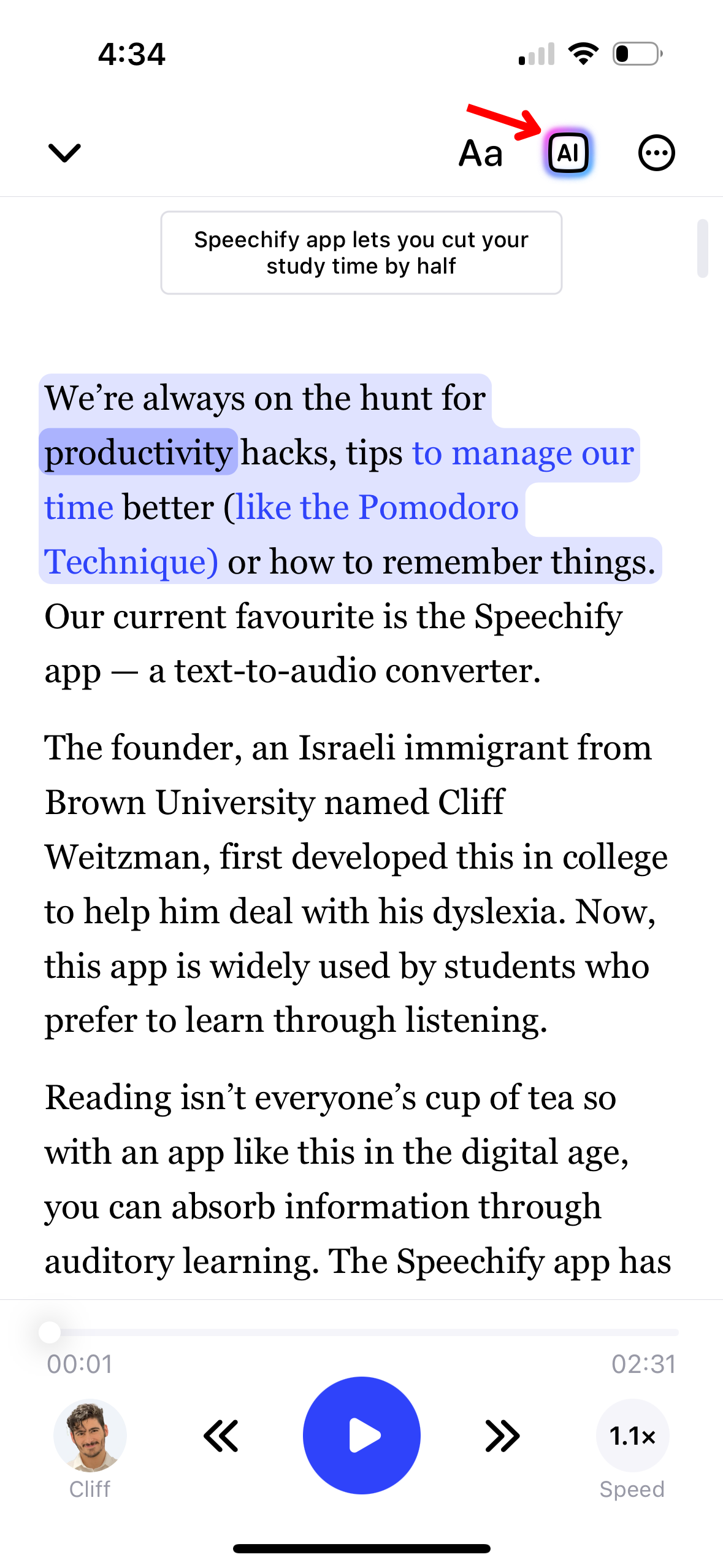 AI Features Speechify ios App